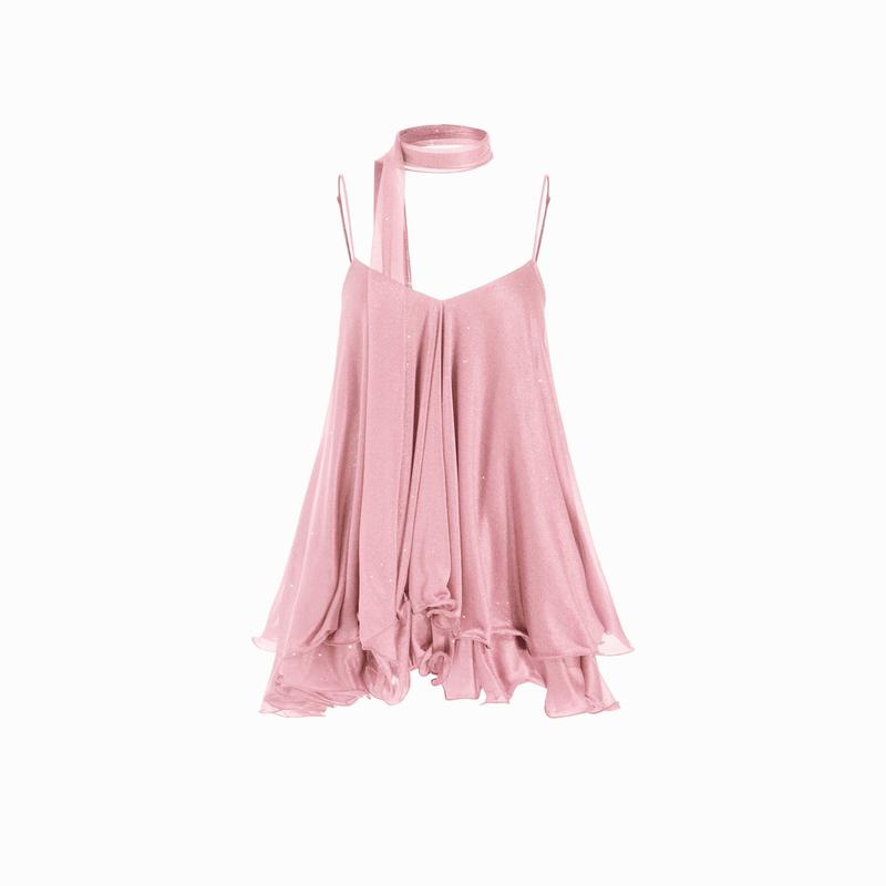 Cider Sequin V-Neck Halter Ruffled Hem Oversized Mini Dress With Scarf