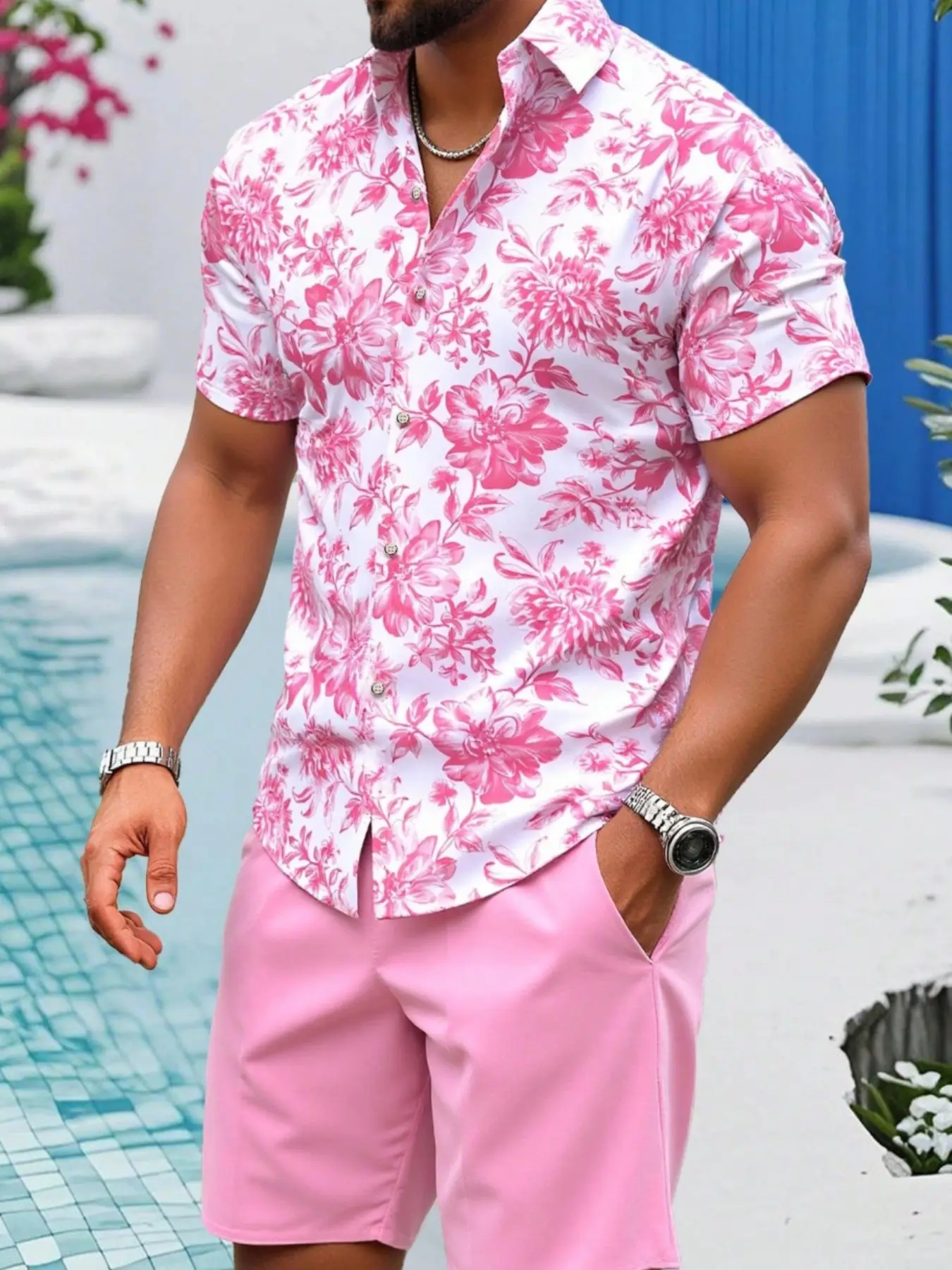 Hawaiian Tropical Style Short Sleeve Shirt, Ethnic Floral Print Shorts, Men's Vacation Casual Matching Outfits Set, Slim-Fitting, Holiday Fashion, Menswear, Go Out Sets