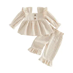 Imcute Toddler Girl Clothes Baby Summer Fall Outfits Gingham Plaid Ruffle Long Sleeve Shirt Top and Long Pants Set 2 Piece
