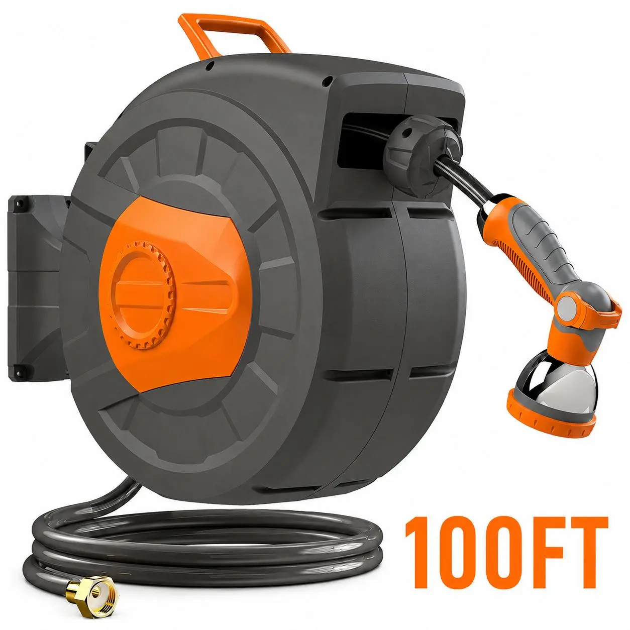 100FT Retractable Garden Hose Reel - Wall-Mounted, 100ft length, Adjustable Spray Nozzle, 180° Swivel Bracket, Auto Rewind, Lock-at-Any-Length, Slow Return System for Lawn Cleaning, Car Washing