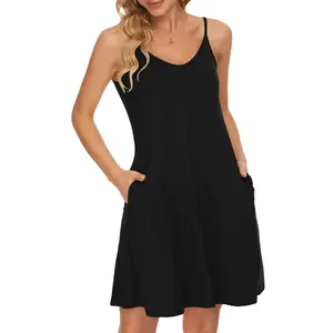 AUSELILY 2025 New Women's Summer Spaghetti Strap Casual Swing Tank Beach Cover Up Dress with Pockets