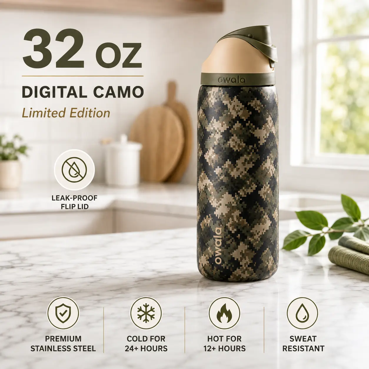 Owala FreeSip 32oz Insulated Stainless Steel Water Bottle – Digital Camo Reusable Sports Bottle with Carry Handle & Leak-Resistant Lid