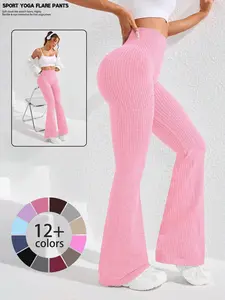 Women's New Vertical Striped Casual Sporty Tight Pants, High Elastic Comfort Fabric, Fashion Design, Waist Cinching Yoga Bell Bottoms, Flare Leggings