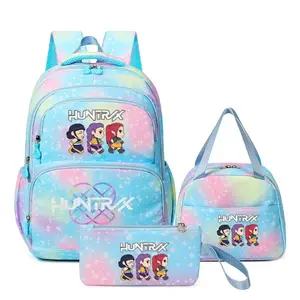 Stylish K-Pop style printed backpack 3-piece set—large-capacity school bag for teen girls and children.