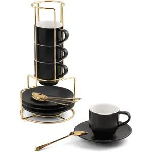 3-Ounce Espresso Cups Set of 4, Small Stackable Coffee Cups with Saucers, Spoons and Metal Stand, Ceramic Demitasse Mugs, Espresso Accessories for Machine, Black