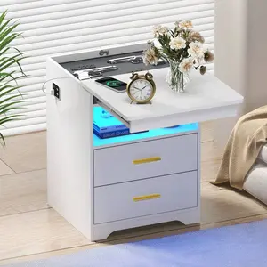 LED Nightstand  Wireless Charging Station, High Gloss Night Stand  USB/Type-C Port, Human Body Induction Smart Bedside Tables  3 Drawers For Bedroom/Livingroom, 20 Color Lights Modes(Black,White) Mirrored Console with Inlay Marble Dining