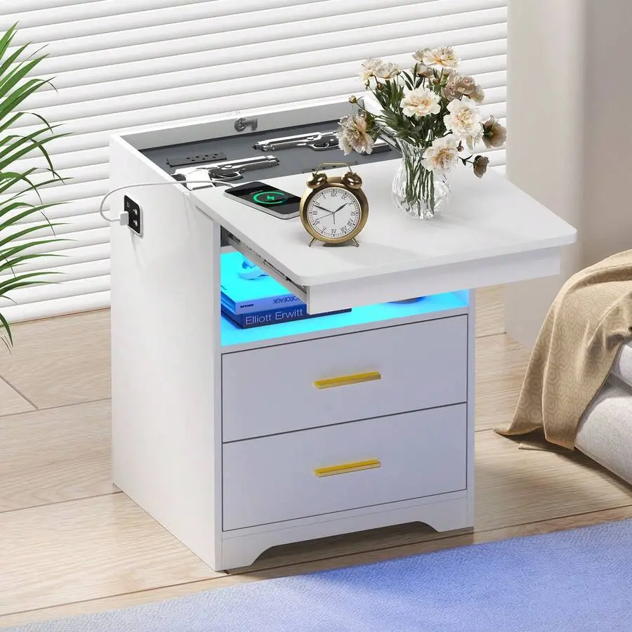 Classic MDF Wood Mirrored Top LED Nightstand - Wireless Charging Station, USB-Type-C Port, Human Body Induction Smart Bedside Table, 3 Drawers, 20 Color Light Modes, High Gloss, Black/White Options (Indoor Furniture for Bedroom)