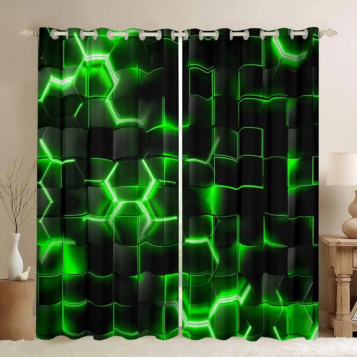 Green and Black Darkening Drapes (2 Panels ) Honeycomb Curtains Living Room Hexagon Theme Blackout Curtains Geometrical Beehive Window Treatments