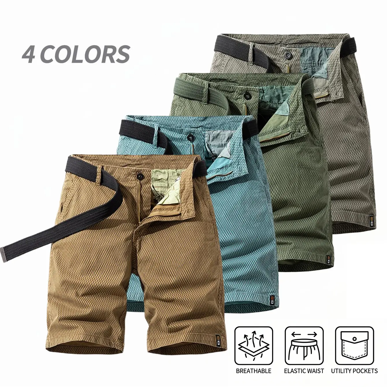 Men’s four-color plaid performance shorts with multiple pockets and elastic waistband—casual commuter mid-length shorts