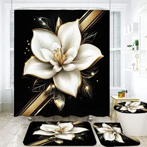 1/4pcs Black & Gold Lily Floral Bathroom Set - Large Shower Curtain with White Lily & Golden Accents, 2 Matching Bath Mats, Toilet Lid Cover & Small Rug - Perfect for Mother's Day, Spring Decor, Anniversary & Festive Bathroom Upgrades, Shower Curtain Sets