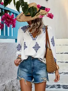 Women's Fashion New Geometric Print V-Neck Seven-Sleeve Shirt, Spring Summer Casual Wear, Vacation Daily Outing