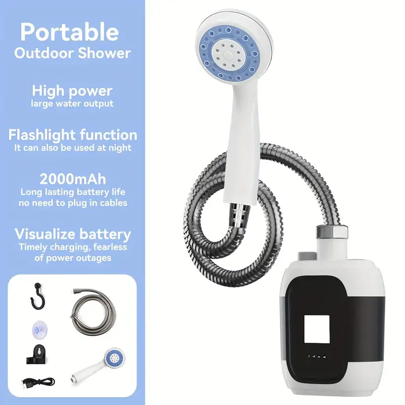 Portable Camping Shower with Rechargeable Pump, 2000mAh Battery Powered Outdoor Shower, RV Travel Shower for Car Washing, Pet Bathing, Garden & Family Trips,CampingGear,RVLife,OutdoorEssentials,TravelGear