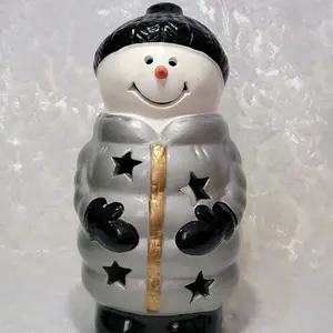 Large Handpainted Talavera Mexican Pottery Snowman Luminary 14.5” Candle Holder