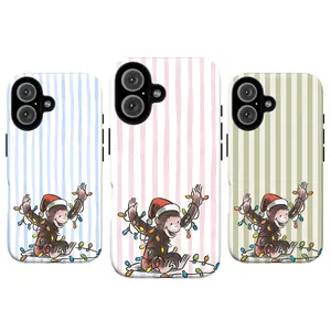 Curious George Christmas Phone Case, Seasonal Holiday Aesthetic Stripe Protection, Festive Xmas Lights & Stripes Cute Curious Monkey Aesthetic Phone Cover for iPhone 17 Promax 16 15 14 13 12 11 Pro Max & Galaxy S25 S24 S23 S22, Cute Cartoon Gift