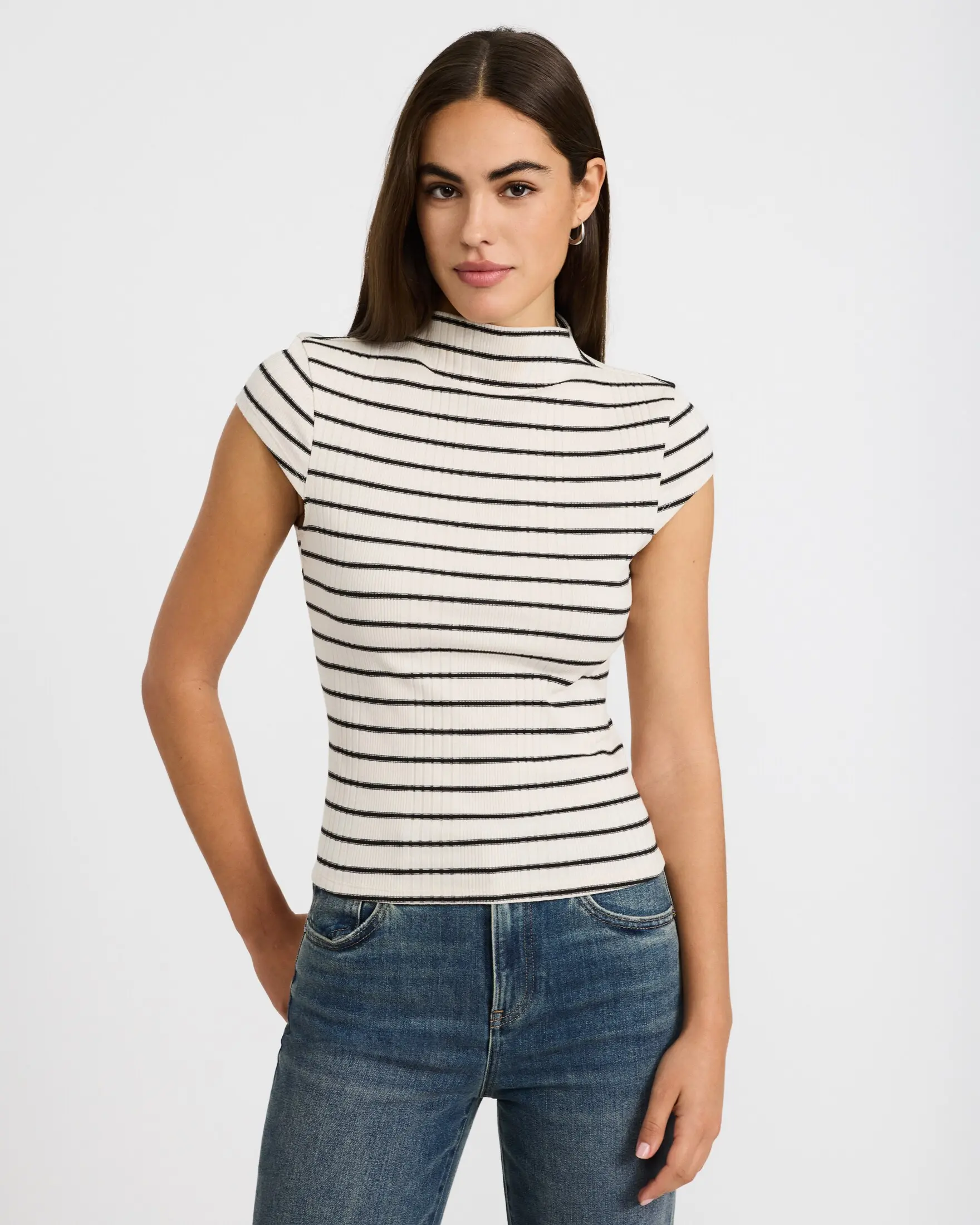 Express Striped Ribbed Mock Neck Cap Sleeve Tee in Stretch Cotton