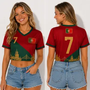 Women's Red Green Crop Top Jersey, Number 7 Graphic V-Neck Crop Tee, Button Front Summer Shirt, Casual Streetwear Top, Festival Outfit, Trendy Cropped Fashion Jersey