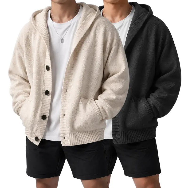 Men's Hooded Knit Cardigan Sweater Jacket - Comfy, Cozy Style, Warming, Baggy Oversized Men's Cardigans, Casual Elegance, Plain Long Sleeve, Single-Breasted, Casual Loose Fit, Multiple Color Options