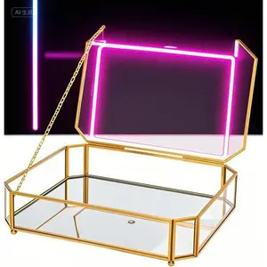 Octagon Glass Display Case with Mirrored Bottom, Jewelry Organizer Box for Handmade Trinkets, Keepsake Storage with Gold Lid, Vanity Decor for Home Dresser, Photo Memory Box, Elegant Octagonal Design Transparent Book Decorative Metal Gifts Black