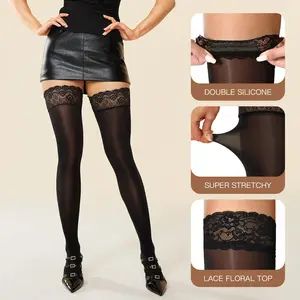 Shinyyep Shiny Thigh High Stockings Silicone Lace Top Silky Sheer Pantyhose for Women Shimmery Tights 2 Pairs