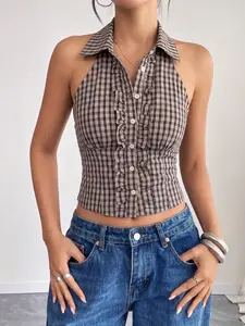 Plaid Halter Neck Crop Top Women Button Front Ruffle Trim Slim Fit Sleeveless Backless Top Vintage Checkered Summer Casual Chic Streetwear Sexy Fitted Waist Crop Blouse Y2K Fashion