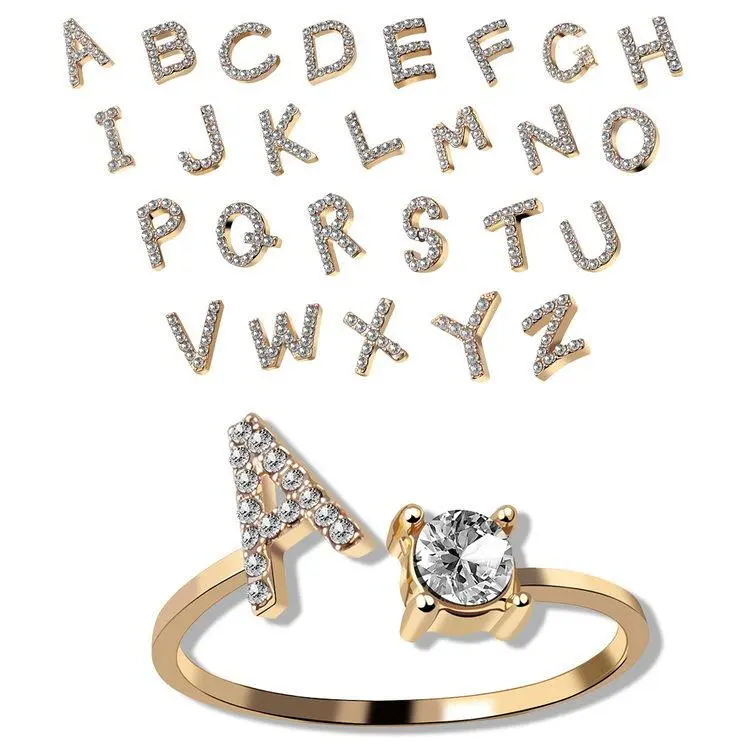 Women's Adjustable 26 Initial Letter Ring - Vintage Copper Alloy Costume Jewelry with Zircon Mosaic, Simple Elegant Letter Shapes Accessory, Ideal Gift for Females