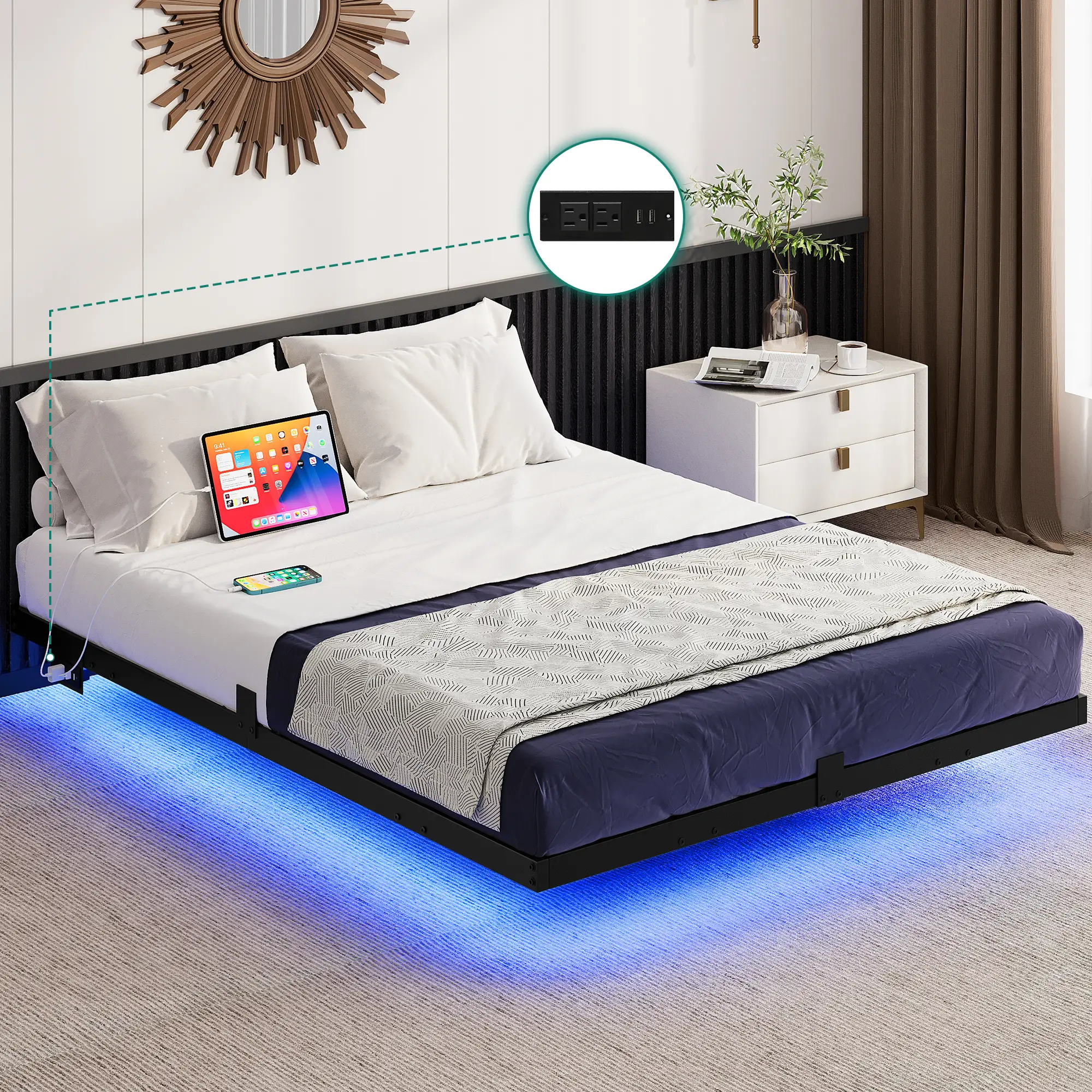 DWVO Floating Bed Frame Full/Queen/King Size, LED Bed Frame with Charging Station, Metal Platform Full Bed with Heavy Duty Steel Slats Supports, No Bo