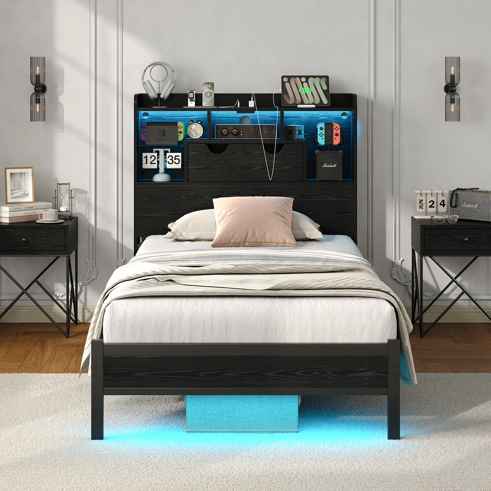 FUSOU RGB Light Bed Frame with Charging Station, Metal LED Platform Bed with Headboard,[FRAME ONLY NO MATTRESS] Storage Space Under Bed, Brightness Adjustable, Heavy Duty, No Box Spring Needed, Black Twin size, Full Size, Queen Size,Deals For You Days