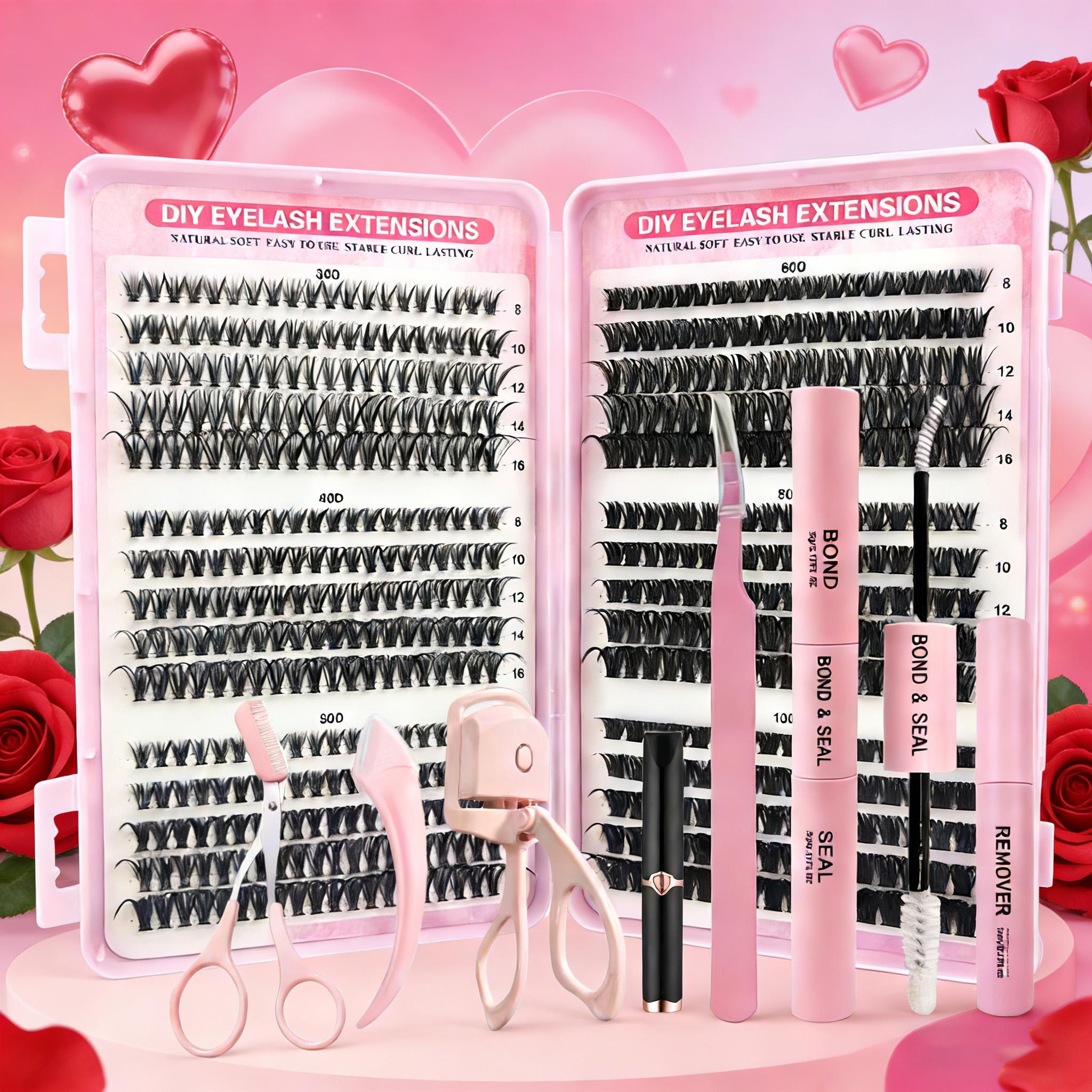 DIY Lash Clusters Kit,Lash Clusters Wispy Lash Clusters Kit 570Pcs Lash Extension Kit Volume,8-16mm DIY Individual Lashes Clusters Thin Band Eyelash Extension Kit with Electric Eyelash Curlers,Heated Eyelash Curler,Lash Glue,Lash Tweezers,Glue,Remover