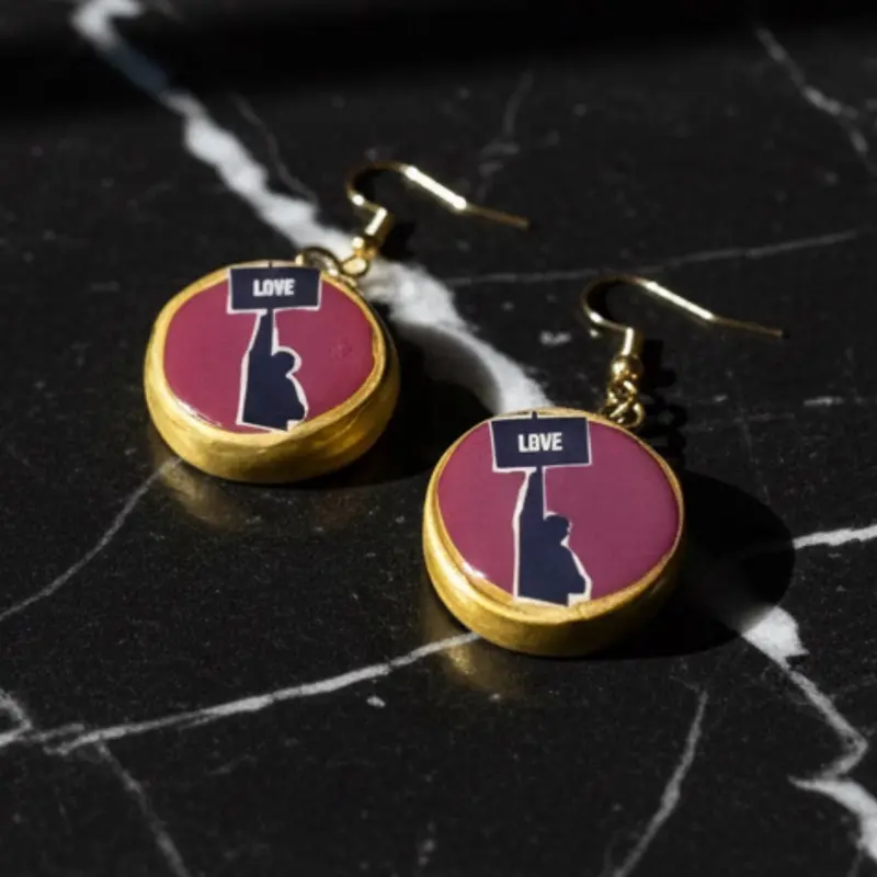 Love Sign Protest Earrings Handmade Clay Statement 18k Gold Plated Activism Jewelry Artisan Sculptural Maroon Tone Lightweight Hypoallergenic