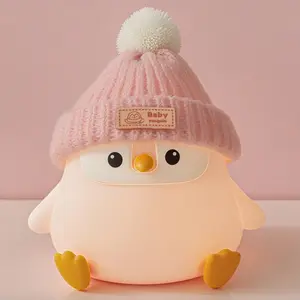 FAMIDUO Penguin Night Light, Cute Pink Penguin Lamp with Knit Hat, Soft Silicone Nursery Nightlight for Baby, Rechargeable/Dimmable/Timer,LED Squishy Novelty Animal Bedside Lamp,Funny Gifts for Kids