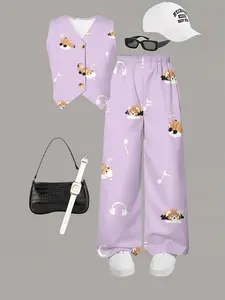Spring & Fall Casual Set, Light Panda Note V-Neck Vest + Elastic Waist Wide Leg Pants Two-Piece Suit, Sleeveless, Natural Waist