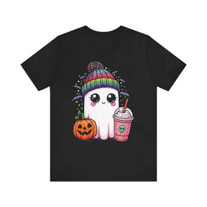 Spooky Cute kawaii Ghost Halloween shirt for womens girls Ghost Drinking Iced Coffee Pumpkin spice Halloween Bow Unisex Heavy Cotton Tee