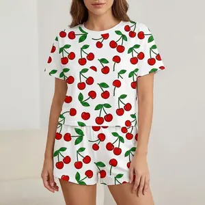 Women's Cherry Print Short Sleeve Pajama Set, Soft Knitting Elastane Fabric, White Sleepwear with Red & Green Leaf Pattern, Comfy Shorts Two-Piece PJ Set for Summer