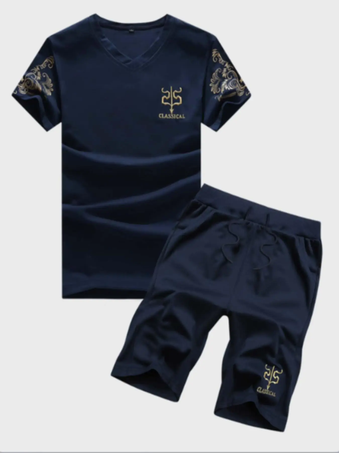 Two Counts Men's Graphic V Neck Tee & Drawstring Waist Shorts Set, Slim Men's Clothes for Outdoor Wear, Men's Designer Outfits Set, Men's Summer Stree