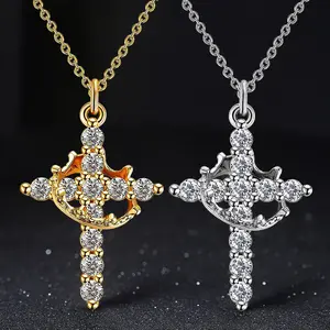 Elegant Crown Cross Necklace With Sparkling Zircon Inlay, Simple Clavicle Chain For Daily Wear, Ideal Gift For Women Birthday, Anniversary, Wedding, Valentine's Day, Mother's Day,Christmas Gift