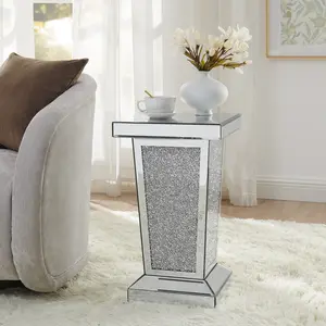 Silver Mirrored End Table With Crystal Inlay, Modern Side Table , Accent Table, Square Small Coffee Table for Living Room, Bedroom, Office, Hallway, Entryway. 13.8"W x 13.8"D x 23.6"H