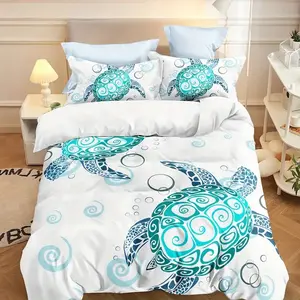 2D Print 3-Piece Blue Hand-Drawn Turtle Pattern Bedding Set, Soft Breathable Polyester Fabric, All Seasons Use, Breathable Duvet Set