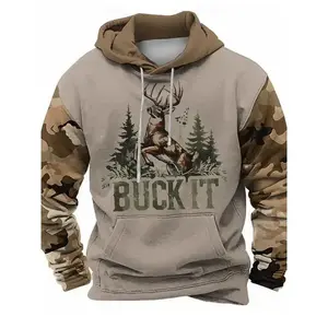 Men's Full Coverage Camouflage Hooded Sweatshirt with Deer Hunting Pattern and 'Bu It' Words - Suitable for All Seasons Brown/Green Camouflage Jacket, Comfortable Pullover, with Pockets, Ideal for Hunting, Outdoor and Casual Wear (Regular Fit, Machine Was