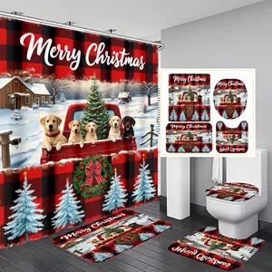 Christmas Bathroom Set, Cute Dog Tree Truck Patterns Shower Curtain, Includes Hooks, Bath Mat & Toilet Lid Cover, Festive Decorations