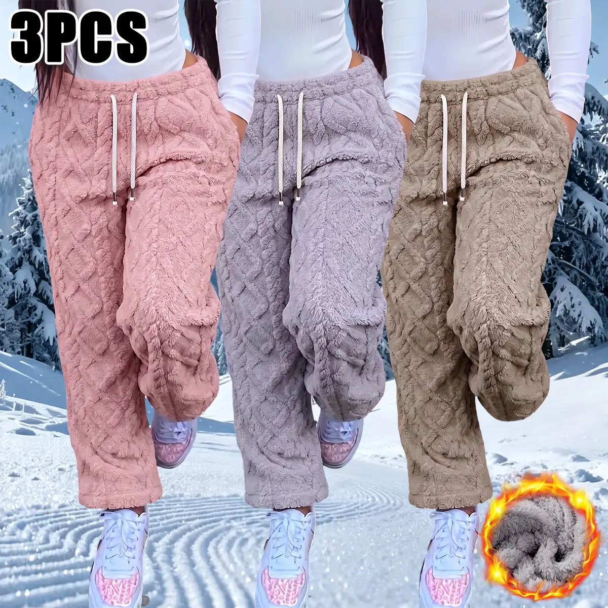 JOGWAVE 3PCS women’s winter fleece casual pants, jacquard fabric, drawstring waist, suitable for indoor and outdoor wear in winter, a gift for her, back-to-school season