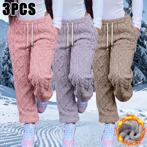 JOGWAVE Women's Bottoms - 3PCS Lady's Winter Fleece Fabric Casual Pants, Jacquard Material, Mid Waist Drawstring, Full Length, Suitable for Indoor & Outdoor Wear, Ideal Gift for Back-to-School Season