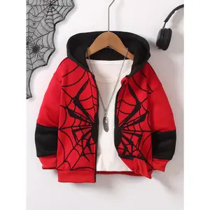 Boys' Athletic Casual Zip-Up Hoodie Jacket with Spider Web Print And Patchwork Sleeves, Warm And Comfortable, Perfect for Outdoor Parties, for Autumn And Winter
