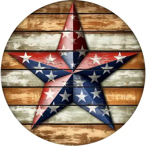 Rustic American Flag Wreath Welcome Sign - 8x8" Round Aluminum Metal Tin Wall Decor with Distressed Wood-Look Background & Stars, Vintage Patriotic Indoor/Outdoor Hanging for Home, Garden, Kitchen, Bar, Cafe, Garage - No Electricity Needed