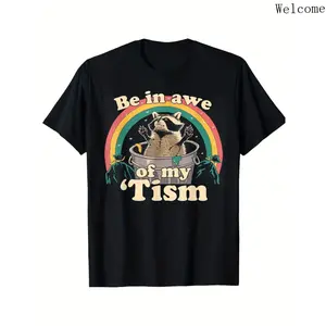 Autism Awareness Funny Raccoon Tism Meme Printed Black Casual Short Sleeve T-Shirt for Autistic Pride & Gift