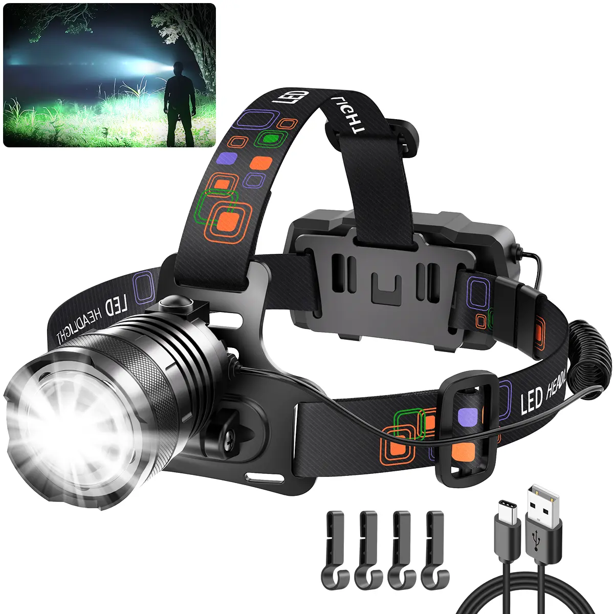 Rechargeable Headlamp, High Lumens Super Bright Headlamp, Adjustable Focus LED Headlamp, 90° Headlamp, 4 Modes Headlamp, Essential Equipment for Adult Helmet Camping summergarden,campingessentials,outdoorfurnitureset,campinggear
