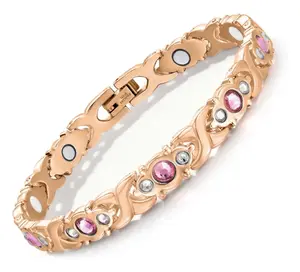 Feraco Energy Magnet Bracelet Titanium Steel Magnetic Women's Adjustable Wristband with Crystal Design Rose Gold Gift Box & Removal Tool