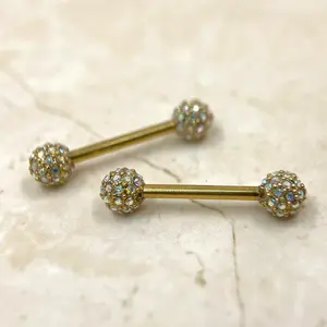 Multi Gem Nipple Ring, Sparkle Gem Decor Dome Ball End Nipple Piercing Barbell Jewelry, 14g Gold Nipple Ring Custom Size Nipple Ring