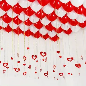 200pcs Romantic Heart Decor Set, Plastic Heart Pendants with Rope, Wedding Valentine's Day Birthday Party Room Decoration, Red