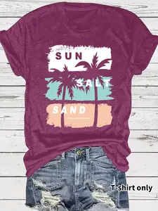 Women's Vintage Beach Graphic Round Neck Fitted Tee, Casual Fashion Short Sleeve T-shirt for Summer, Ladies Clothes for Daily Wear, Top, Womenswear