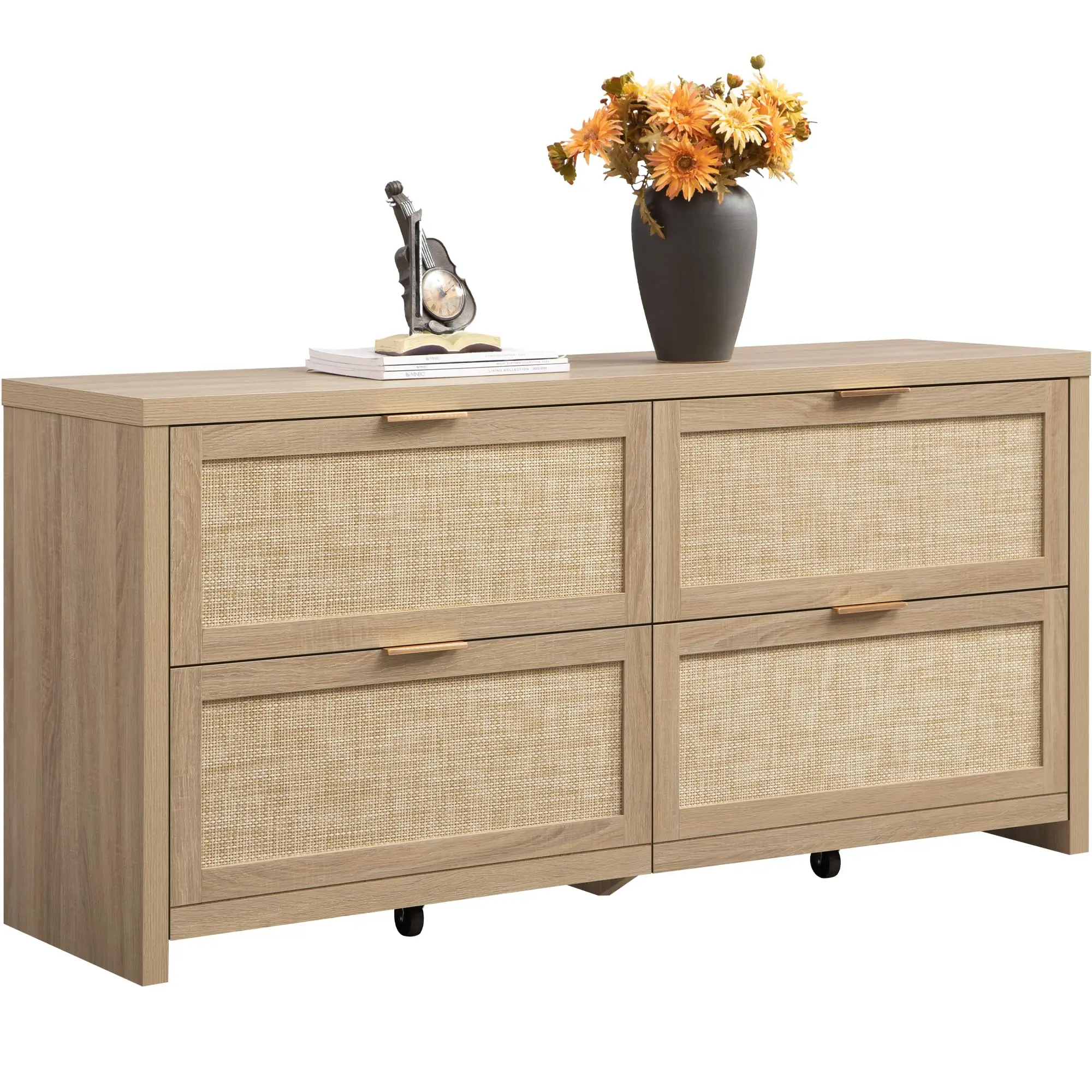 SICOTAS 60.8" Dresser for Bedroom, Rattan Boho Dresser with 4 Deep Drawers, Large Chest of Drawers for Closet,Nursery,Dressers TV Stand for Living Room